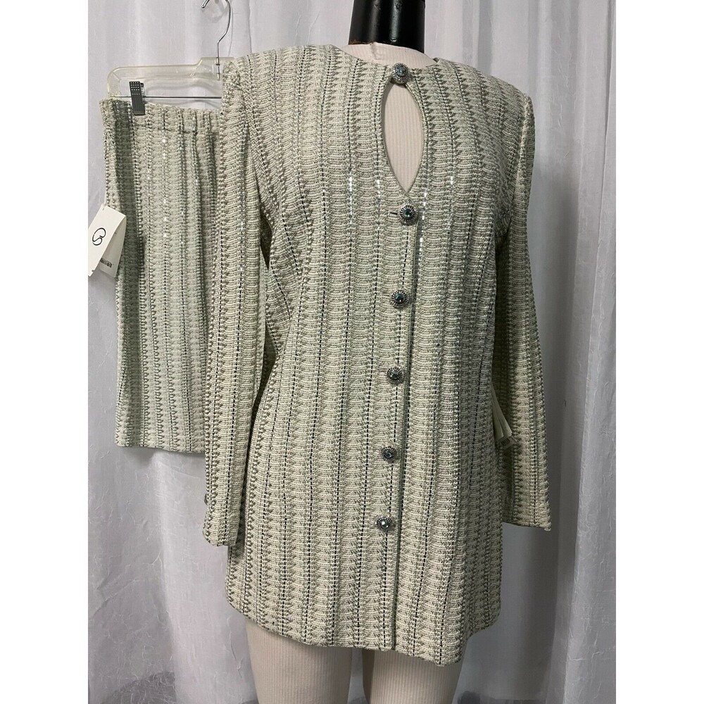 St. John Evening by Marie Gray Sage Mist Metallic Split Size 8 / 14 Suit NWT